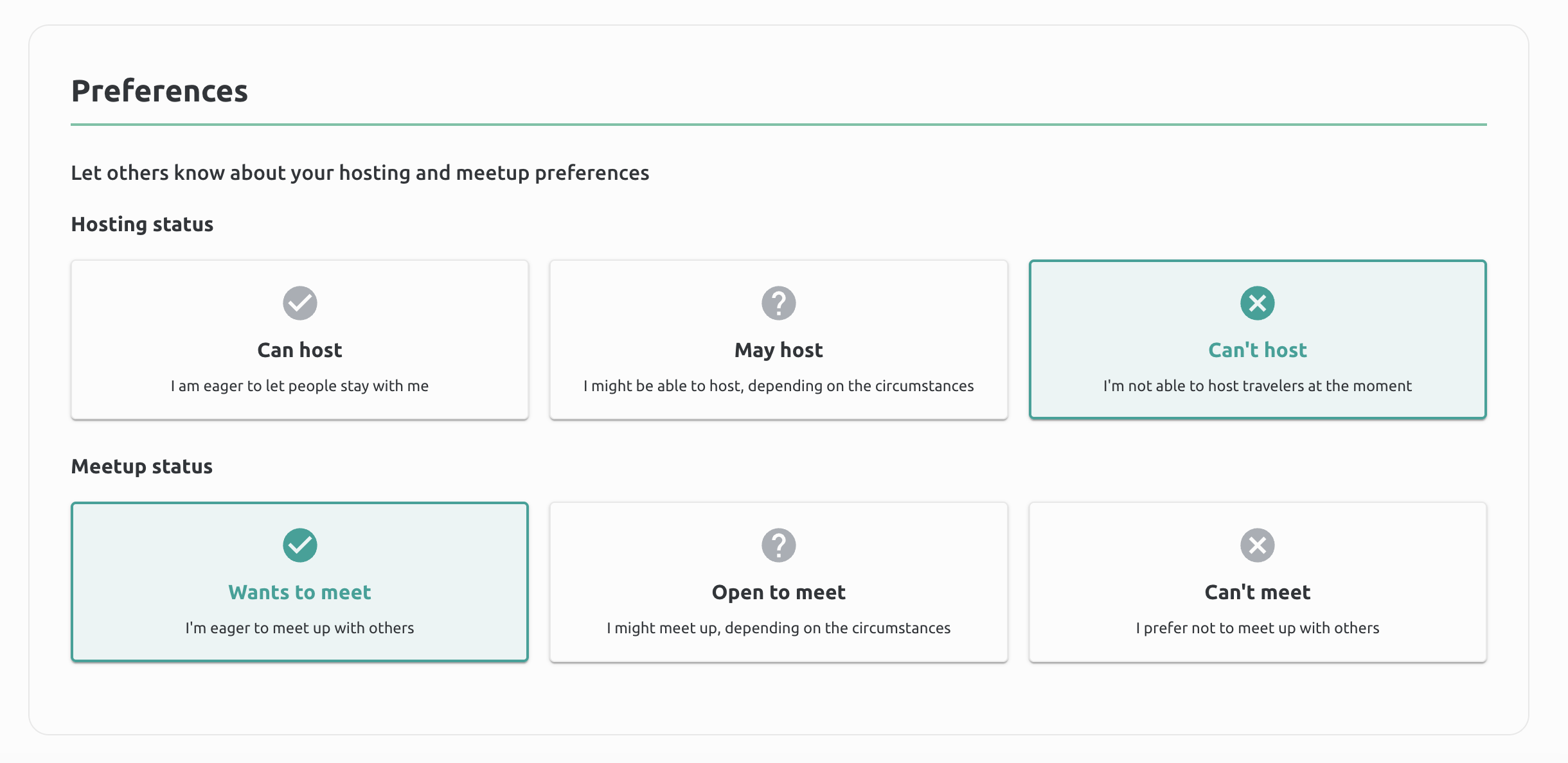 Screenshot showing hosting and meetup preference editing