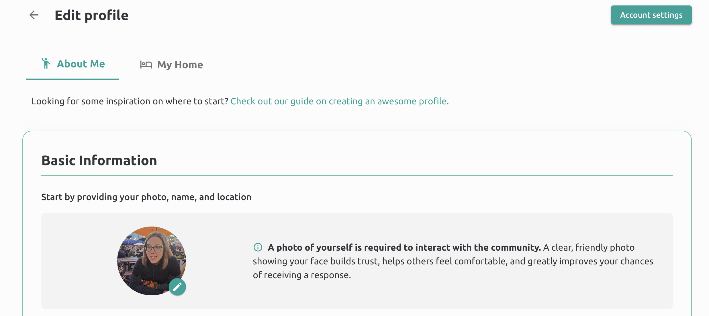 Screenshot showing the top of the profile editing page