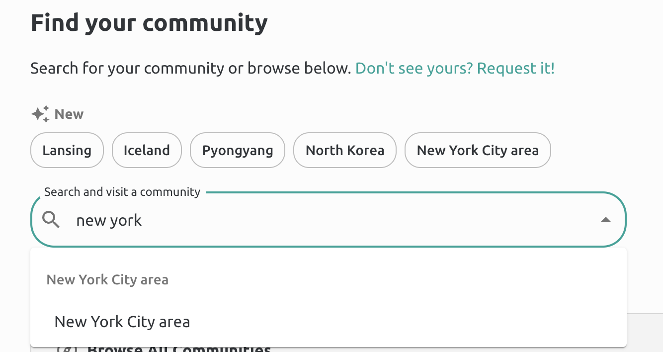 Screenshot of communities search