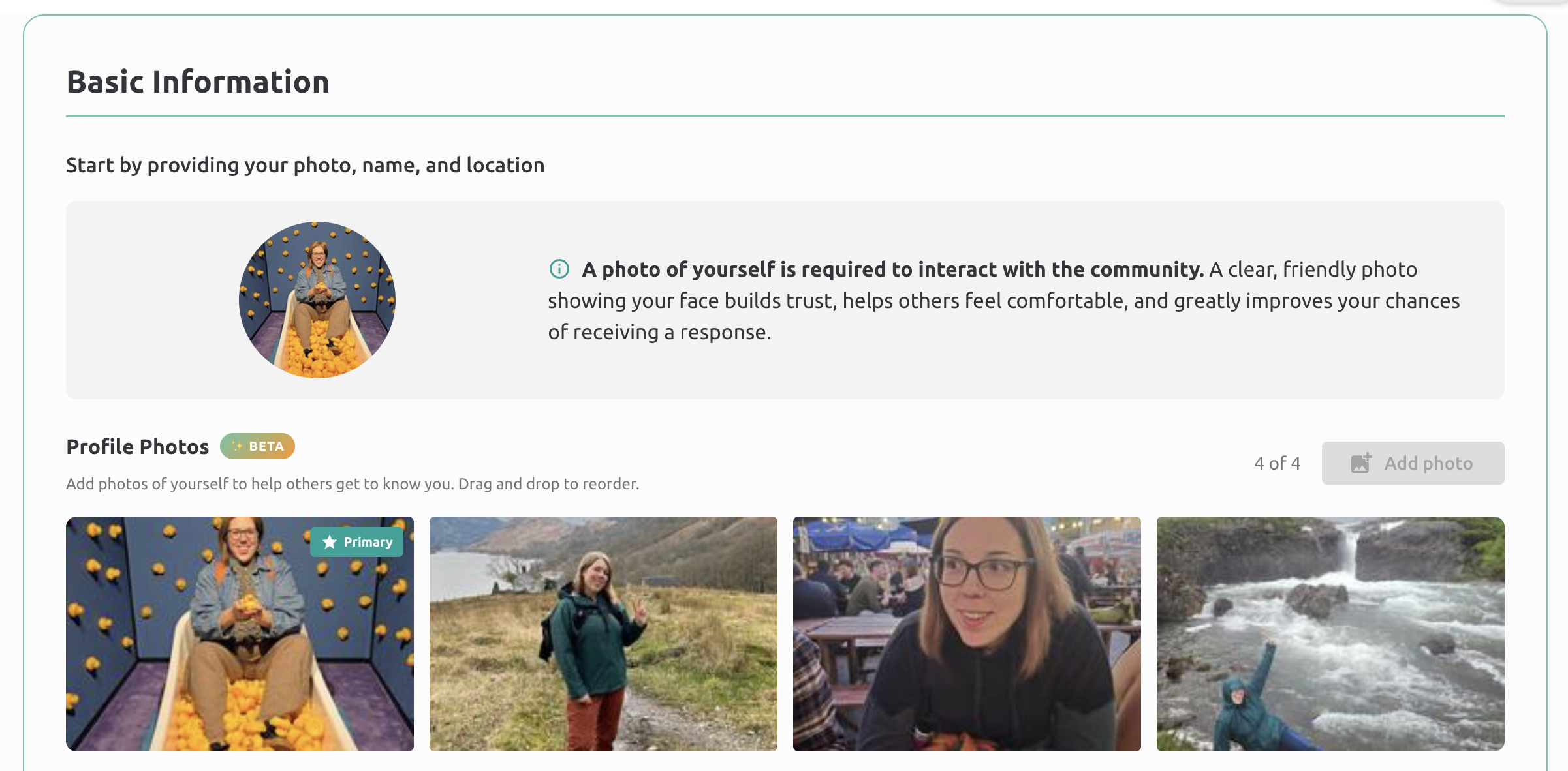 Screenshot of edit profile galleries