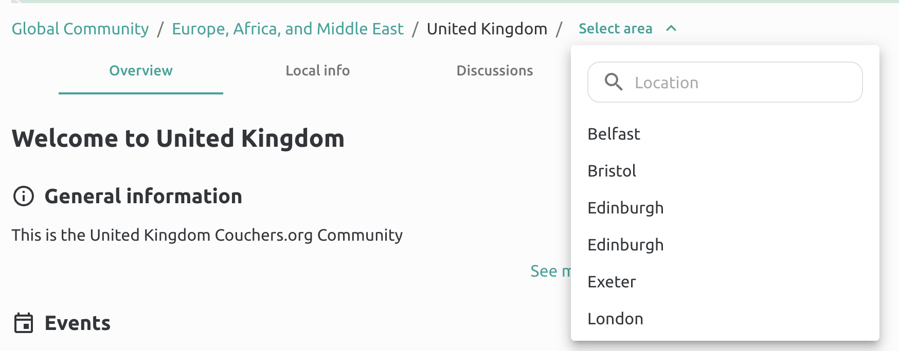 Community breadcrumbs with a searchable dropdown of local communities