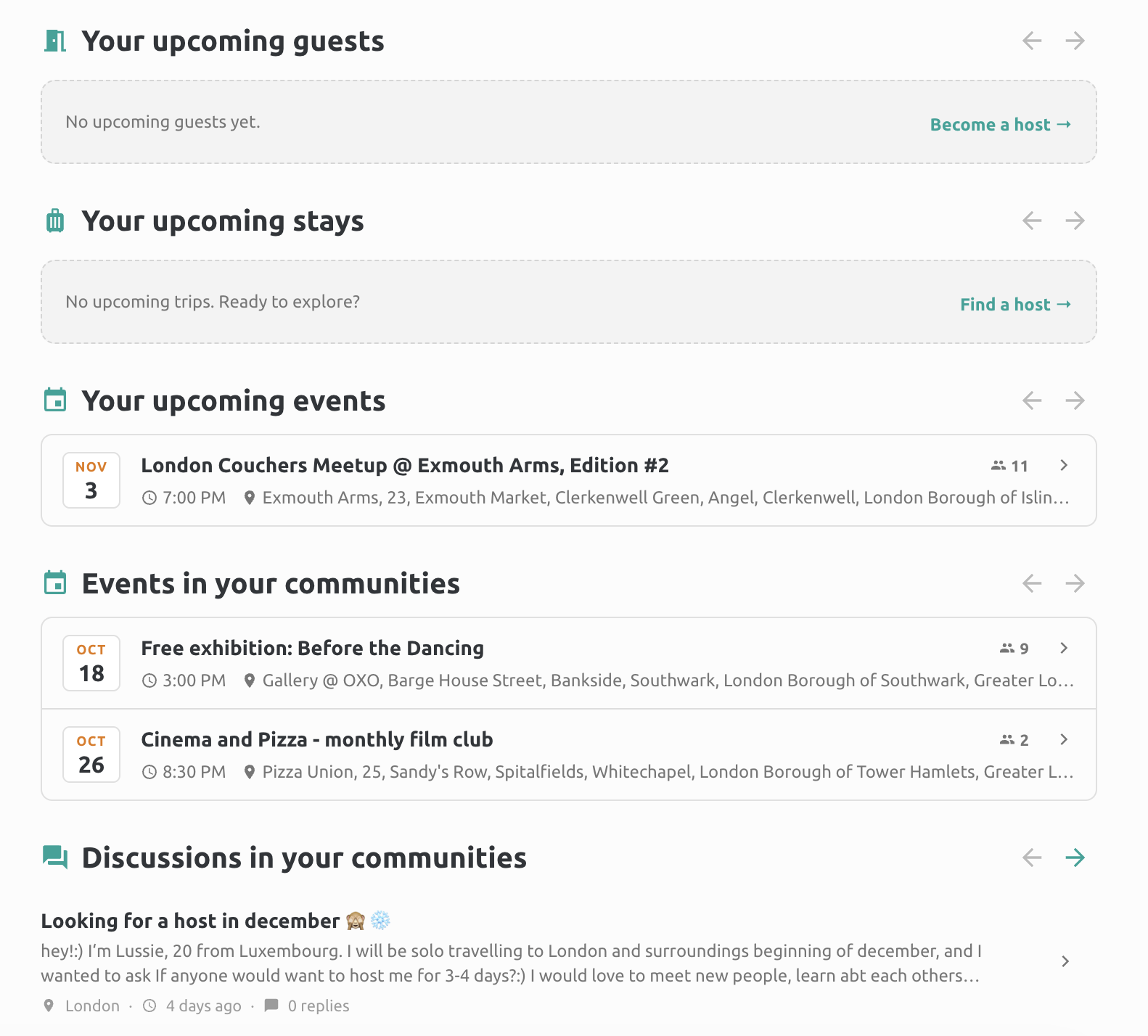 Dashboard with upcoming guests, stays, events and community discussions