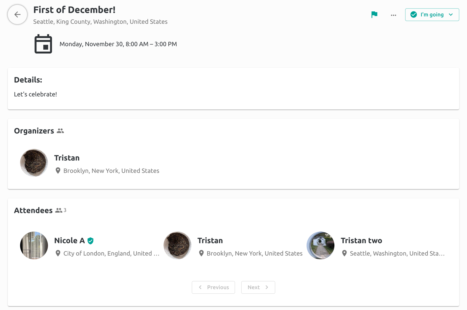 Event page with attendee list