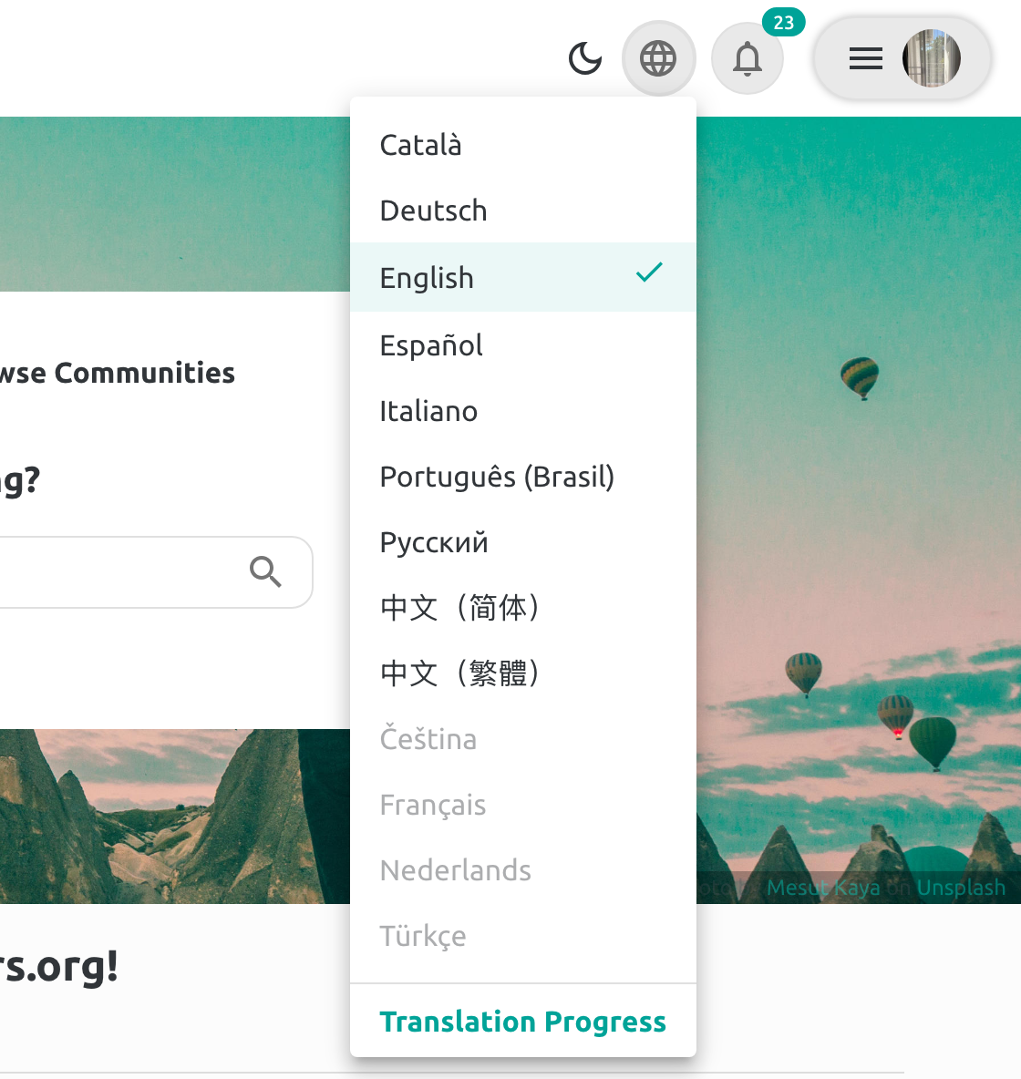 Language picker showing language names