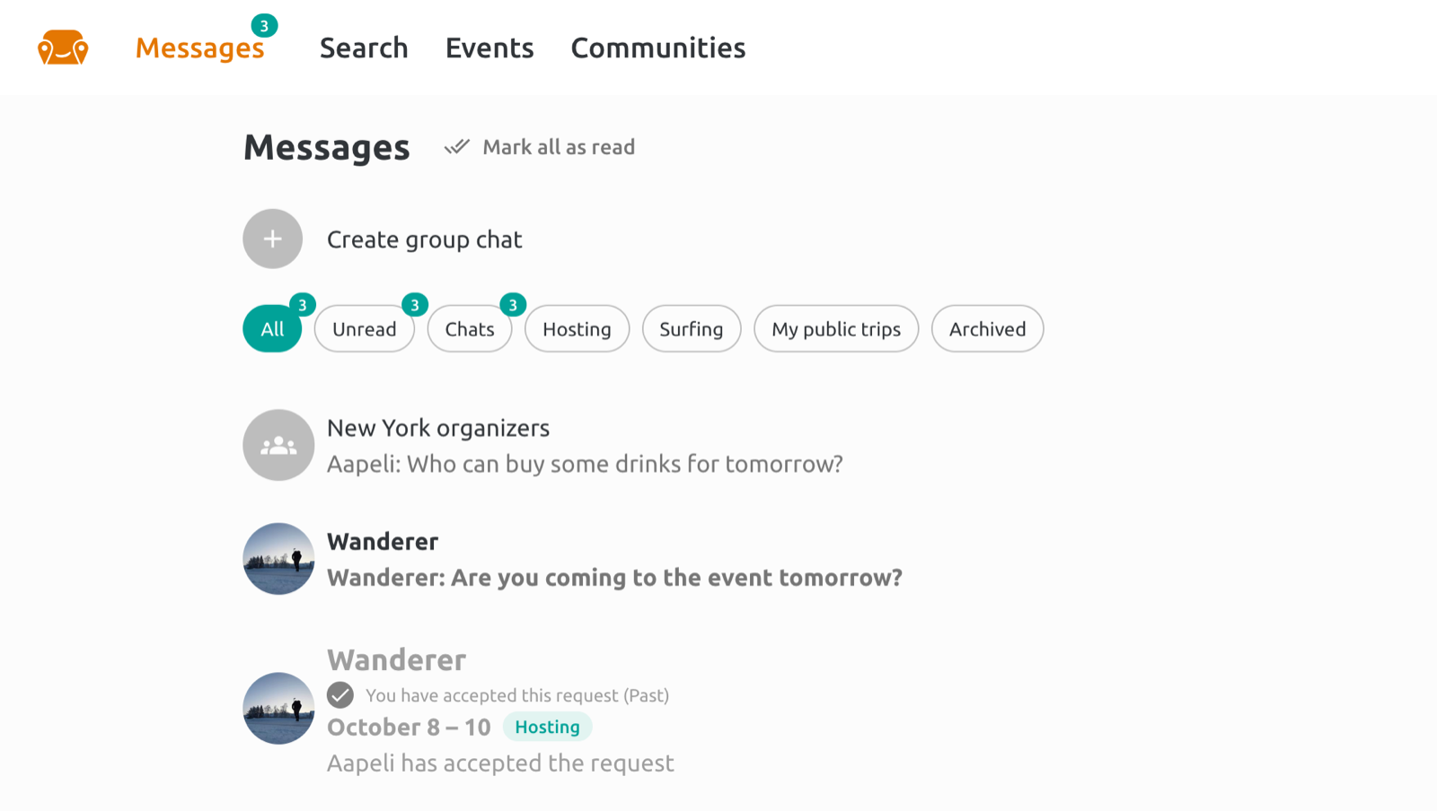 Messages inbox with filters