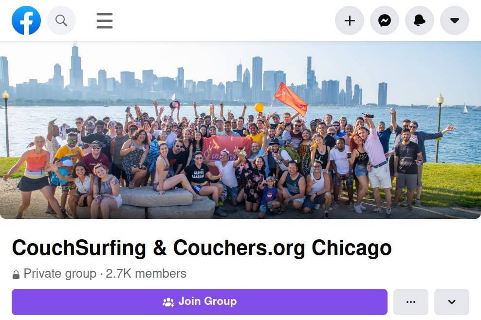 Screenshot of facebook couch surfing group in Chicago that includes Couchers.org in the title